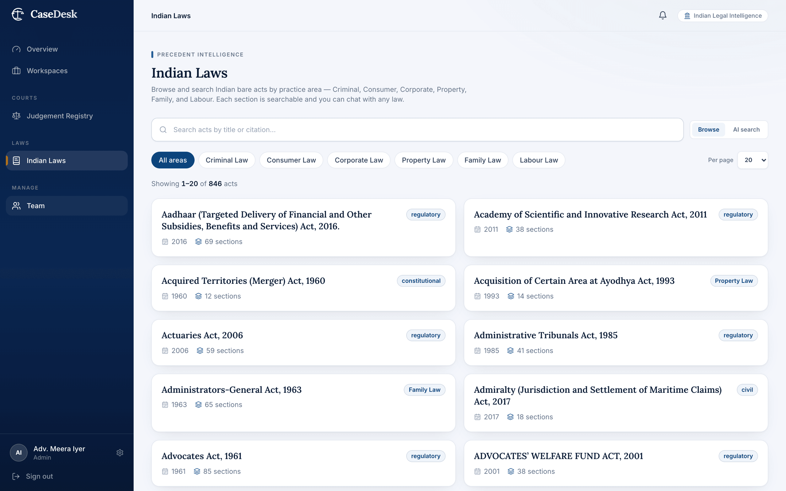 CaseDesk Indian Laws library — 846 Central Acts browsable by practice area with search and chat